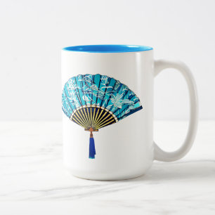 Japanse Fan in Turquoise Blauw en Wit Tweekleurige Koffiemok