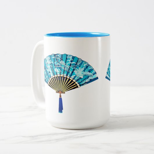 Japanse Fan in Turquoise Blauw en Wit Tweekleurige Koffiemok (Voorkant links)