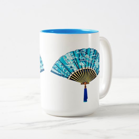 Japanse Fan in Turquoise Blauw en Wit Tweekleurige Koffiemok (Voorkant rechts)