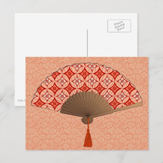 Japanse Fan, Shippo Motif, Mandarijns Oranje Briefkaart (Voorkant / Achterkant)