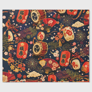 Japanse Festival Naadloos Patroon met Lantaarns, Cadeaupapier