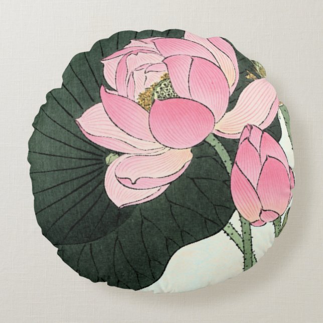  Japanse fijne kunst - Roze Lotus Flower Rond Kussen (Voorkant)