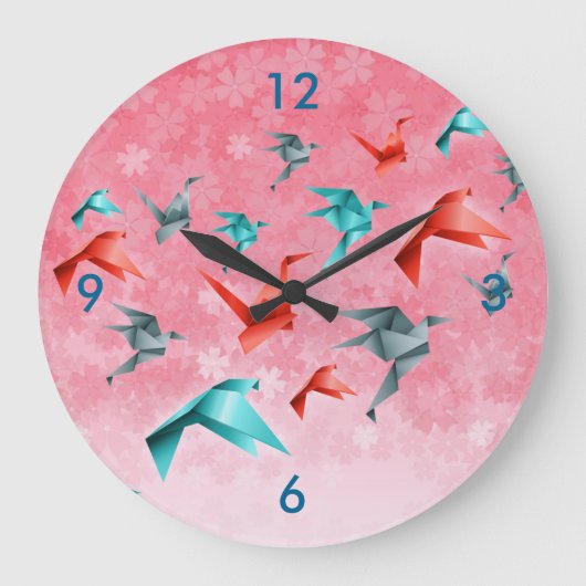 Japanse Floral en Origami Crane Wall Clock Grote Klok (Voorkant)