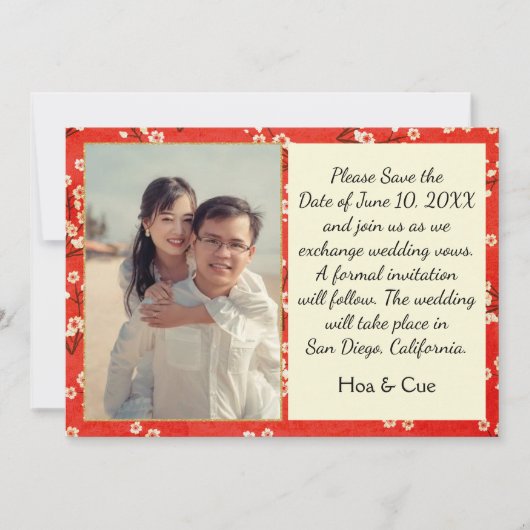 Japanse florale flat slaat de datumkaart op save the date (Voorkant)