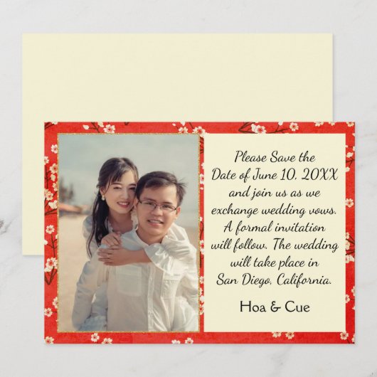 Japanse florale flat slaat de datumkaart op save the date (Voorkant / Achterkant)