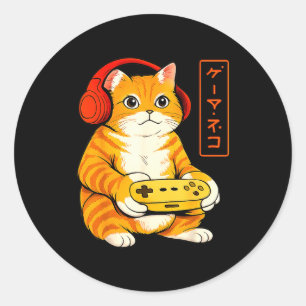 Japanse Gamer Kat Grappige Vintage Gaming Cadeaus Ronde Sticker