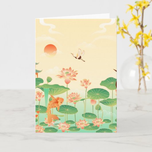 Japanse Garden Koi Pond- en Waterliolkunst Kaart (Gele Bloem)