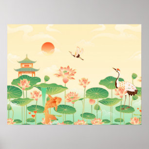 Japanse Garden Koi Pond- en Waterliolkunst Poster