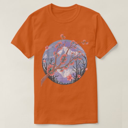 Japanse gebergte Sakura roze bloemenkers T-shirt (Design voorkant)