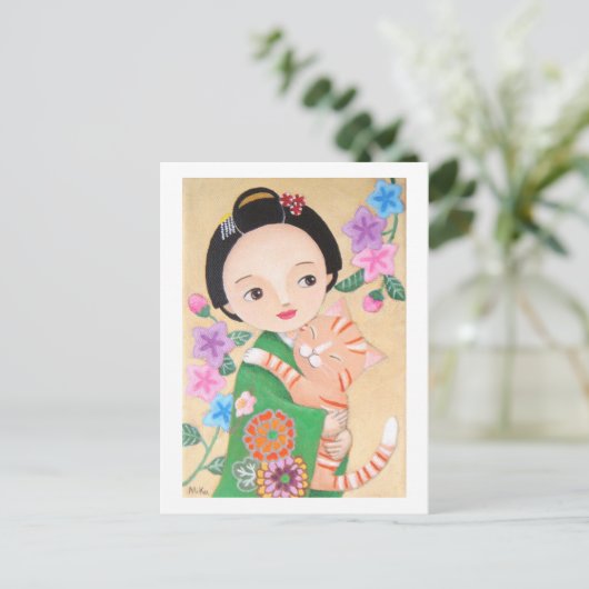 Japanse Geisha- & Cat Post-kaart Briefkaart (Staand voorkant)
