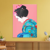 Japanse Geisha dame met kersenbloesem fijne kunst Canvas Afdruk (Insitu (Woonkamer))