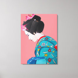 Japanse Geisha dame met kersenbloesem fijne kunst Canvas Afdruk