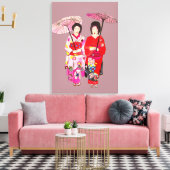 Japanse Geisha dames roze kimono originele kunst Canvas Afdruk (Insitu (Woonkamer))
