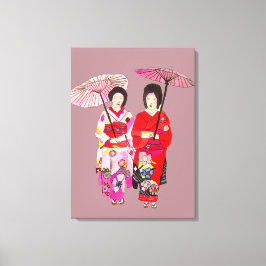 Japanse Geisha dames roze kimono originele kunst Canvas Afdruk