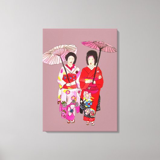 Japanse Geisha dames roze kimono originele kunst Canvas Afdruk (Voorkant)