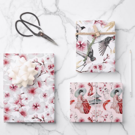 Japanse Geisha Koi en Temple Waterverven Wrappin Inpakpapier Vel (Voorkant)