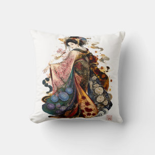 Japanse Geisha Kunst Kimono en Seizoensbloemen Kussen