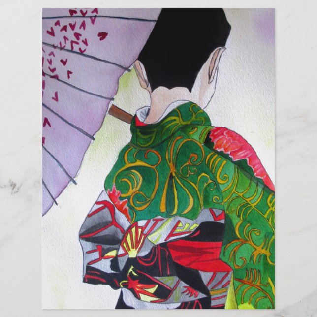 Japanse Geisha-kunst met kimono en paraplu (Voorkant)