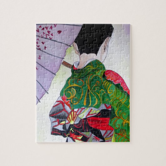 Japanse Geisha-kunst met kimono en paraplu Legpuzzel (Verticaal)