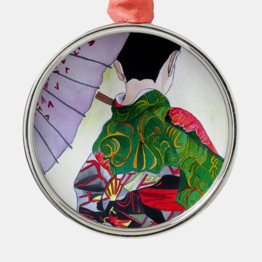 Japanse Geisha-kunst met kimono en paraplu Metalen Ornament (Voorkant)