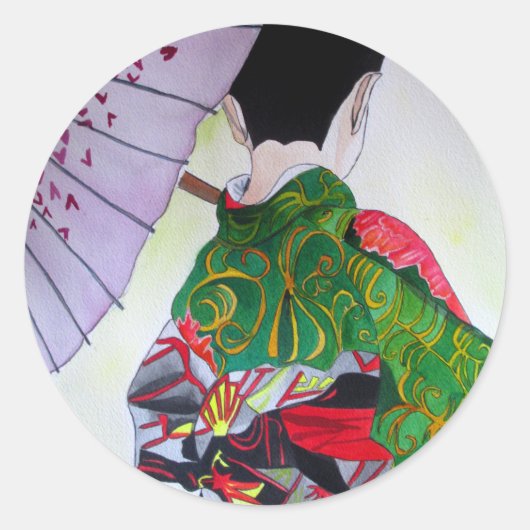 Japanse Geisha-kunst met kimono en paraplu Ronde Sticker (Voorkant)