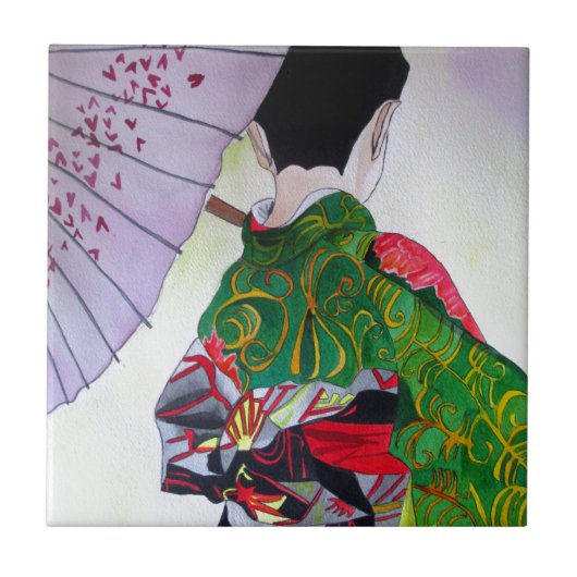 Japanse Geisha-kunst met kimono en paraplu Tegeltje (Voorkant)