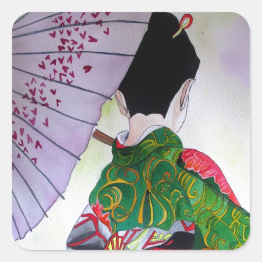 Japanse Geisha-kunst met kimono en paraplu Vierkante Sticker (Voorkant)