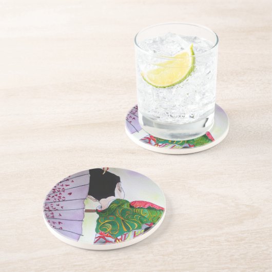 Japanse Geisha-kunst met kimono en paraplu Zandsteen Onderzetter (Zijkant)