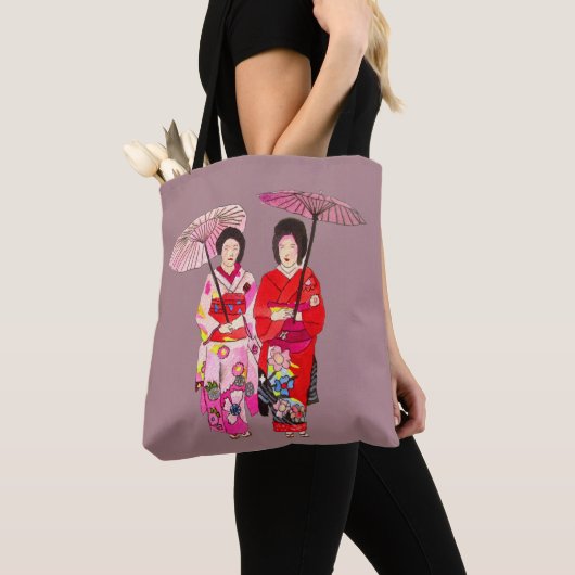 Japanse geisha-kunst met roze kimono tote bag (Dichtbij)