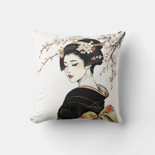Japanse Geisha Meisje & Bloesems Zwart Goud Kussen