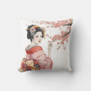 Japanse Geisha Meisje & Roze Kersenbloesems Kussen