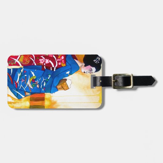 Japanse Geisha met blauwe kimono Bagagelabel (Voorkant horizontaal)