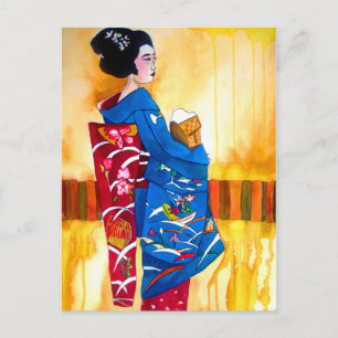 Japanse Geisha met blauwe kimono Briefkaart
