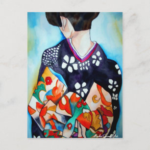 Japanse Geisha met blauwe kimono originele kunst Briefkaart