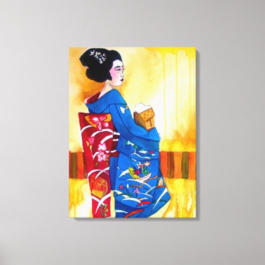 Japanse Geisha met blauwe kimono originele kunst Canvas Afdruk (Voorkant)