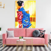 Japanse Geisha met blauwe kimono originele kunst Canvas Afdruk (Insitu (Woonkamer))