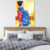 Japanse Geisha met blauwe kimono originele kunst Canvas Afdruk (Insitu (Slaapkamer))
