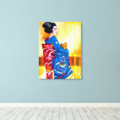 Japanse Geisha met blauwe kimono originele kunst Canvas Afdruk (Insitu (Houten vloer))