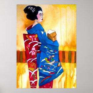 Japanse Geisha met blauwe kimono originele kunst Poster