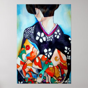 Japanse Geisha met blauwe kimono originele kunst Poster