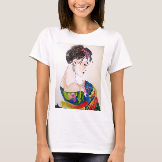 Japanse Geisha met blauwe kimono T-shirt (Voorkant)