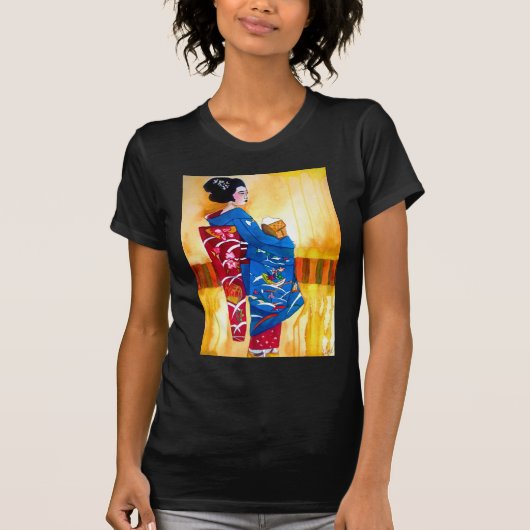 Japanse Geisha met blauwe kimono T-shirt (Voorkant)
