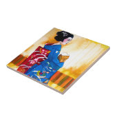 Japanse Geisha met blauwe kimono Tegeltje (Zijkant)