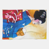 Japanse Geisha met blauwe kimono Theedoek (Horizontaal)