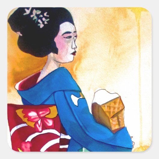 Japanse Geisha met blauwe kimono Vierkante Sticker (Voorkant)