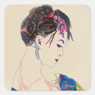 Japanse Geisha met blauwe kimono Vierkante Sticker
