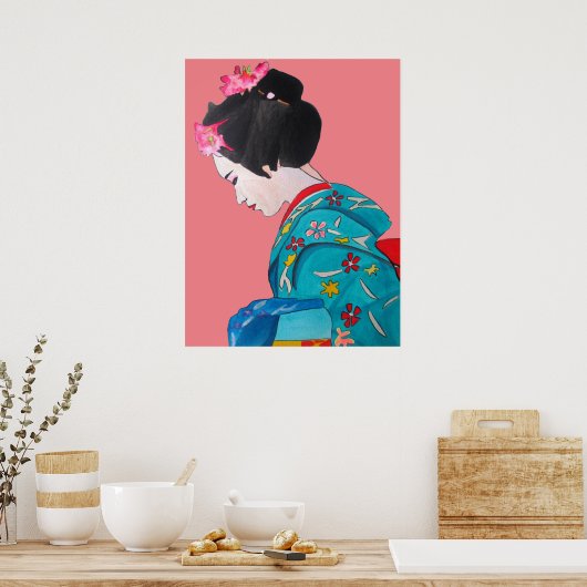 Japanse Geisha met Cherry Blossom fijne kunst Poster (Keuken)