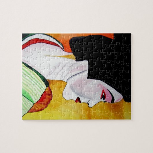 Japanse Geisha met groene kimono originele kunst Legpuzzel (Horizontaal)