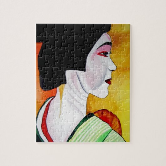 Japanse Geisha met groene kimono originele kunst Legpuzzel (Verticaal)