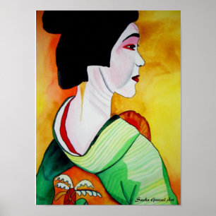 Japanse Geisha met groene kimono originele kunst Poster